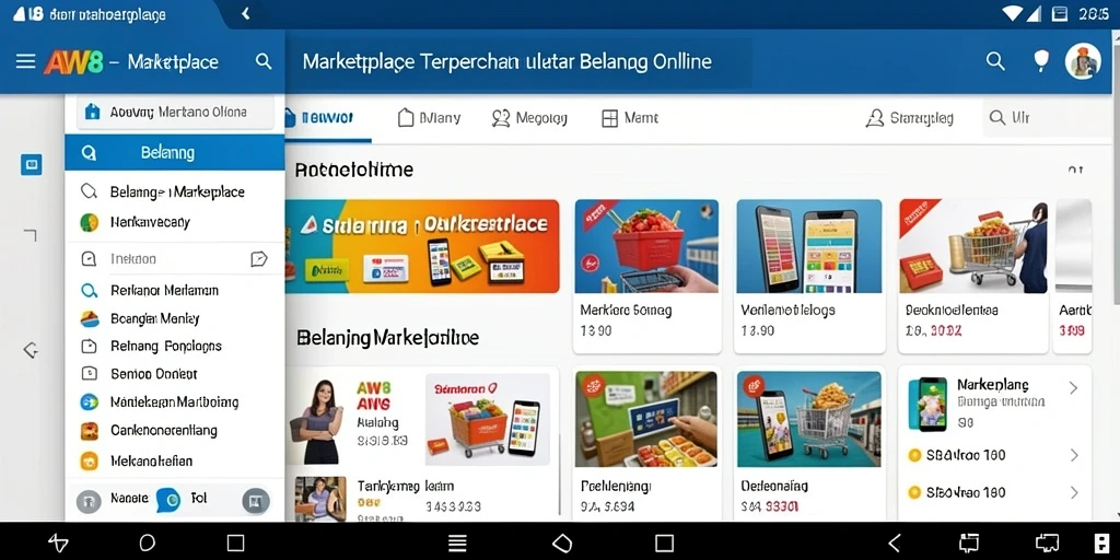 Antarmuka AW8 menampilkan berbagai produk dalam kategori Marketplace.