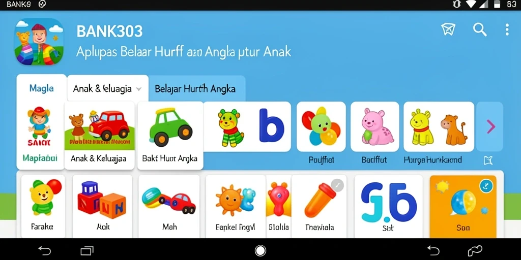 Antarmuka aplikasi BANK303 yang ceria dan interaktif untuk belajar huruf dan angka.