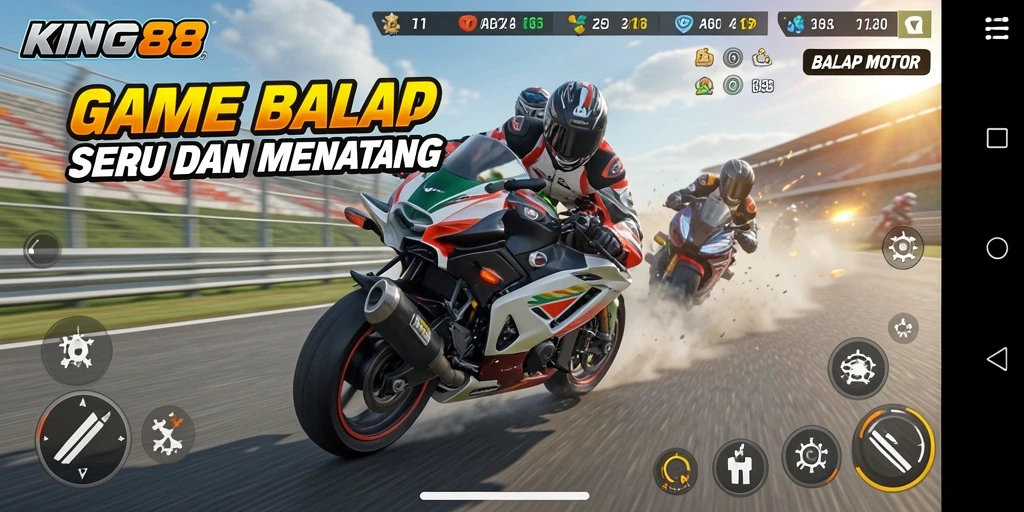 Tampilan antarmuka KING88 dengan berbagai motor dan lintasan balap.