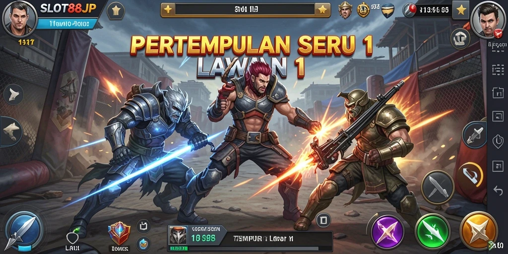 Tampilan antarmuka pertandingan Tempur 1 Lawan 1 yang dinamis.